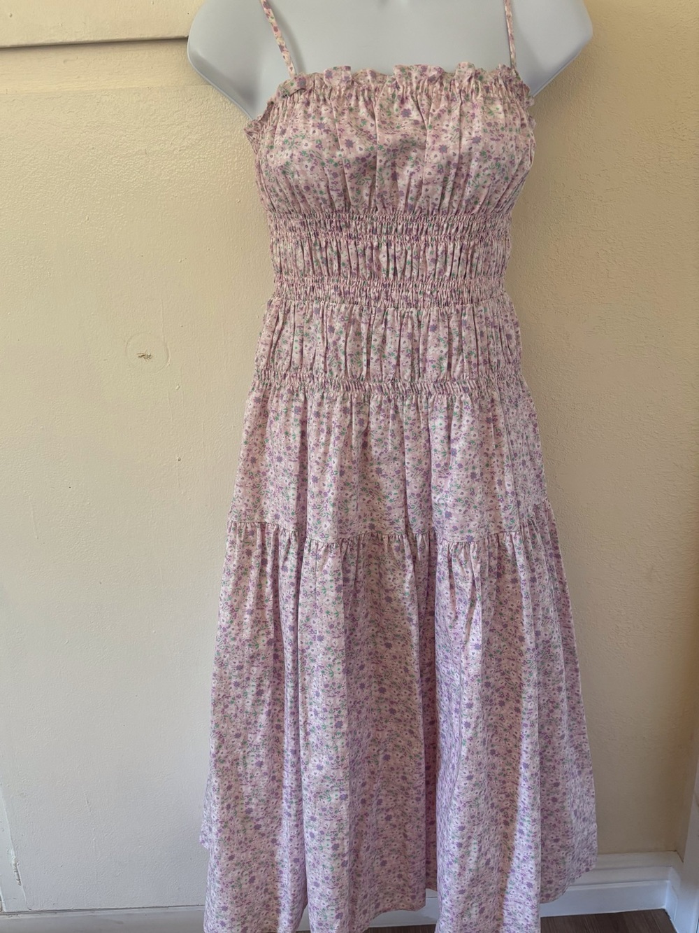 Elodie Light Pink Floral Smocked Tiered Midi Dress